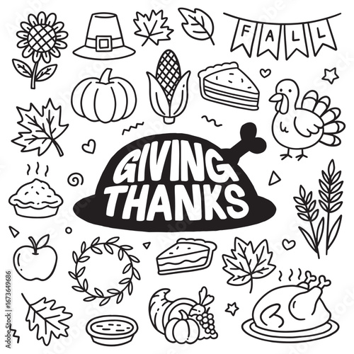 Giving Thanks doodle hand drawn icons compilation set.  Vector doodle illustration set for web, t-shirt design, other graphic design use