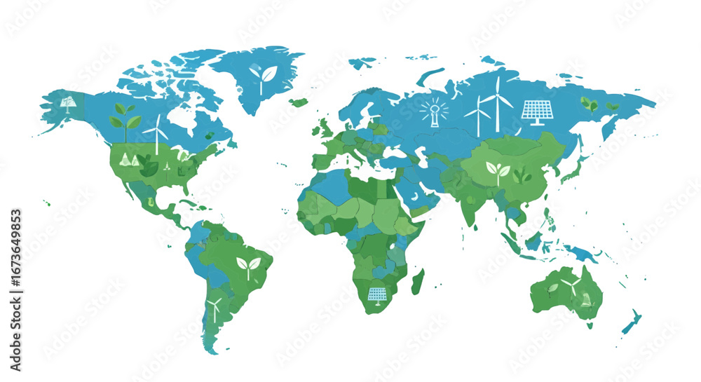Fototapeta premium A conceptual world map showcasing global commitment to renewable energy sources, environmental protection, and a sustainable green future