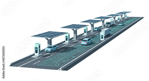 Conceptual view of a futuristic smart highway featuring solar panel canopies powering charging stations for a fleet of electric cars and trucks