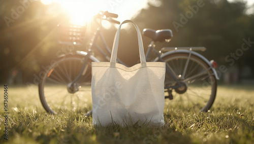 Eco-Friendly Reusable Canvas Tote Bag Standing in Sunny Grass with a Bicycle in the Background, Promoting Sustainable Living and Outdoor Lifestyle
