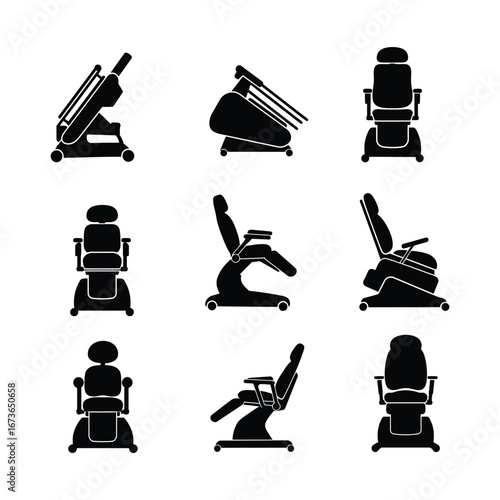 Collection of physiotherapy robot chair silhouettes. Set of icons for medical equipment, adjustable massage tables, and therapy beds