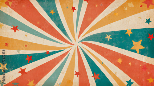 Retro starburst background with colorful stars texture. Vintage circus style rays and stars grunge design. Colorful retro sunburst pattern with distressed texture.