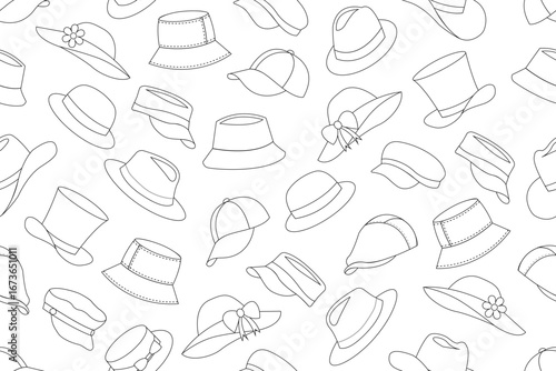 Seamless pattern of black outlines of different types of hats such as bucket hats, baseball caps, sun hats with bows and flowers, fedoras, wide-brimmed sun hats, and visors, on white background.