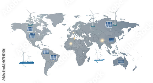 World map showcasing the integration of wind and solar energy for a global green power grid