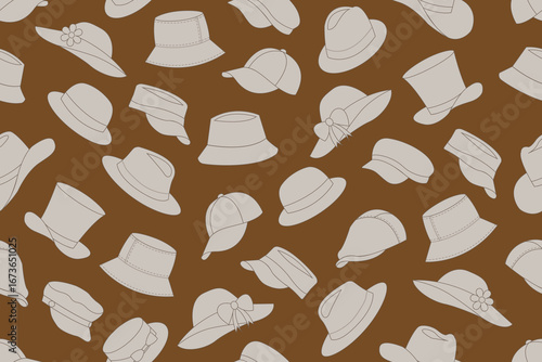 Seamless pattern of brown outlines of different types of hats such as bucket hats, baseball caps, sun hats with bows and flowers, fedoras, wide-brimmed sun hats, and visors, on dark brown background.