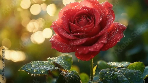 Close up of red rose with fresh dew in sunlight seamless looping time-lapse 4k video background. Nature concept
