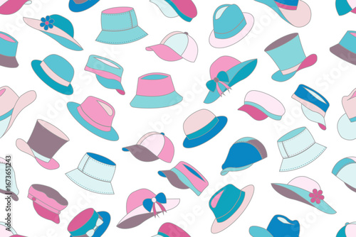 Seamless pattern of various types of hats such as bucket hats, baseball caps, sun hats with bows and flowers, fedoras, wide-brimmed sun hats, and visors, in mix of blue, pink, and brown colors shades.