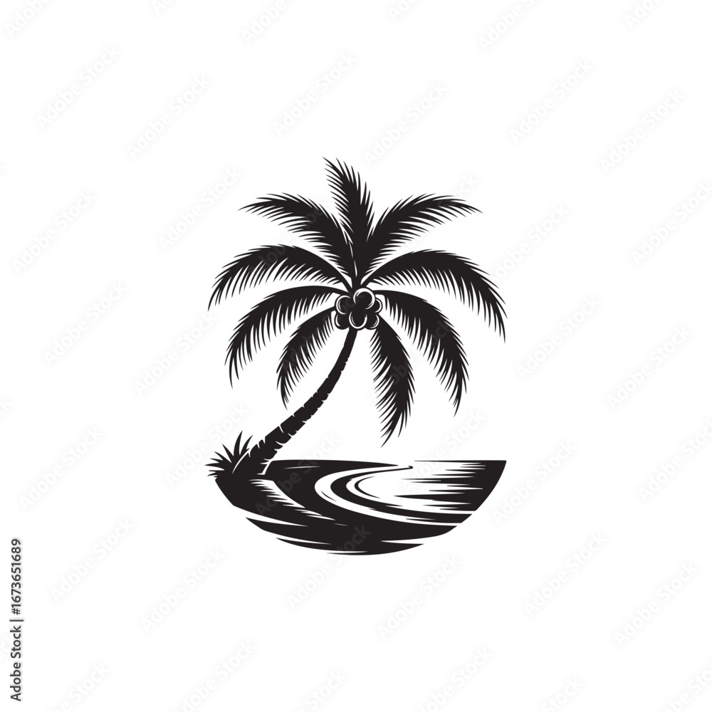 Fototapeta premium Striking black and white silhouette of a tropical palm tree on a beach.This vector graphic showcases a dramatic silhouette of a palm tree on a tranquil beach scene.