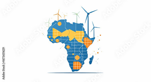 Illustration of Africa's renewable energy future with wind turbines on a continental map representing sustainable development and green power