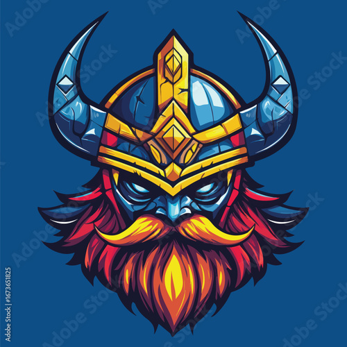 Blue Horned Viking Warrior Head Illustration | Nordic Mythological Mascot Vector
