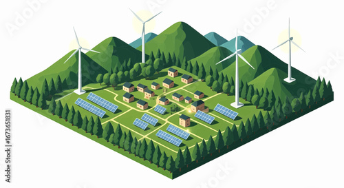 Isometric vector illustration of a sustainable eco-village concept powered by renewable energy from solar panels and wind turbines