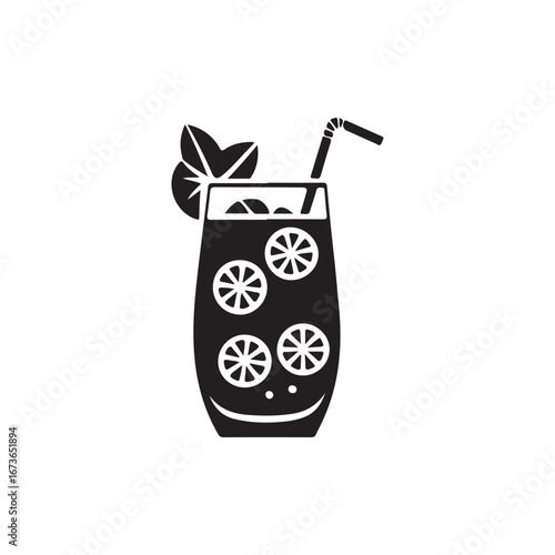 Delicious cocktail with mint and citrus.A simple, black and white illustration of a refreshing cocktail in a tall glass.