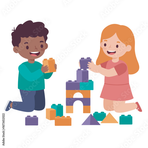 Happy diverse children, a boy and a girl, playing together with colorful toy blocks. Kids collaborating to build a tower in a creative learning activity