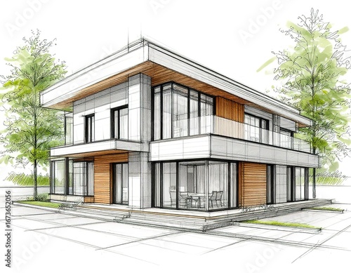 modern house project. drawing with lines.