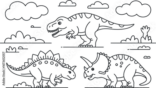 Cute Line Art Dinosaurs: T-Rex, Stego, Trike, Childrens Illustration