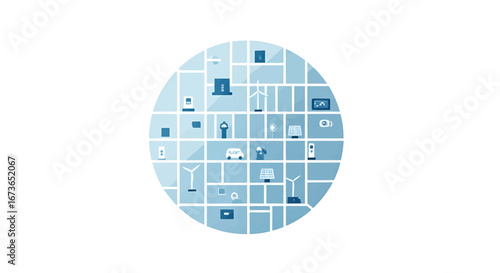 Illustration of a Circular Composition Displaying Various Technological and Sustainable Elements