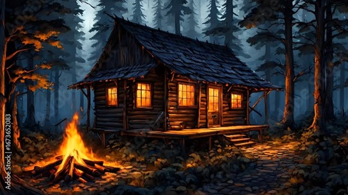 Wooden forest cabin glowing with warm lights near bonfire seamless looping time-lapse 4k video background. Lifestyle concept
