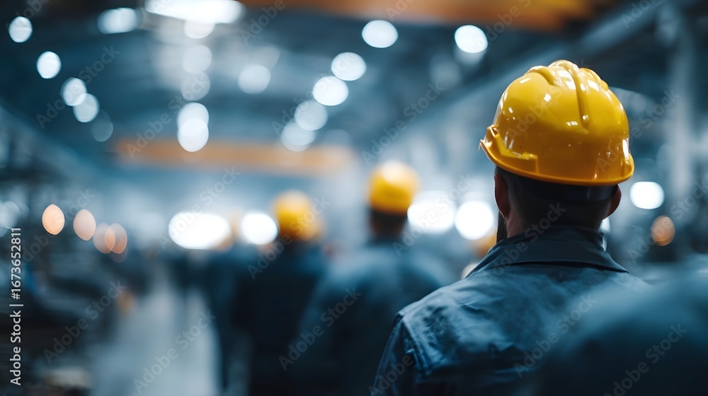 Fototapeta premium Factory workers in safety gear carrying out organized industrial routine