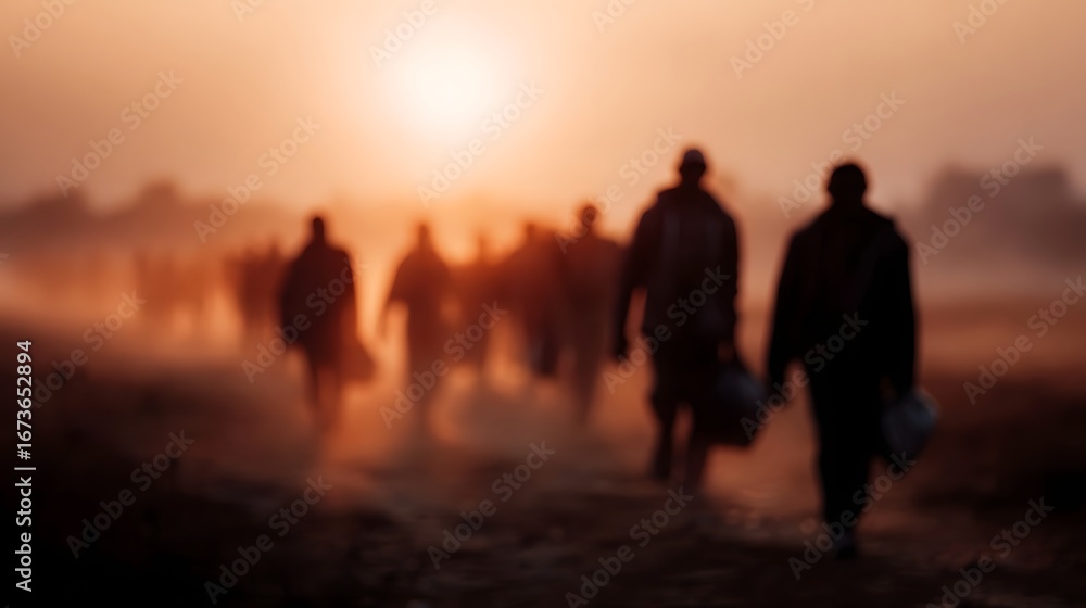 Fototapeta premium Migrant laborers walking to work at sunrise