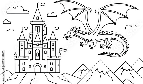 Fairytale Dragon Soaring Over Majestic Castle and Mountains: Line Art Illustration