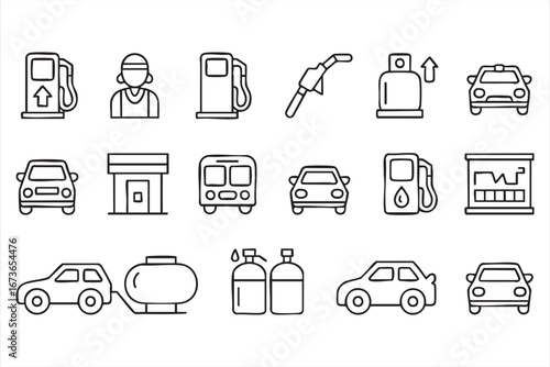 Vector Outline Icons of Cars, Pumps, and Petroleum Symbols
