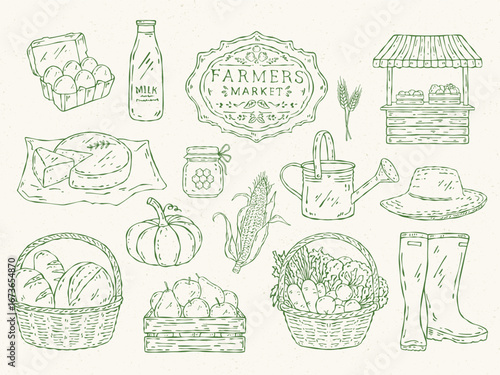 Line art vector set for a farmers market: vegetables, fruits, eggs, milk, bread, farmer’s tent, boots, hat, watering can, and other farm accessories in a minimal, monochrome outline style
