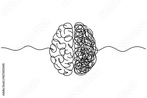 Abstract illustration of a human brain divided into two halves showing order and chaos with a wavy line connecting them