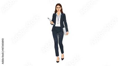 Illustration of a professional businesswoman in formal office attire holding documents and a pen, representing confidence and professionalism.