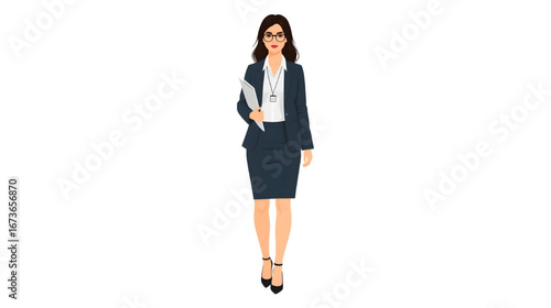 Illustration of a professional businesswoman in formal office attire holding documents, representing confidence, leadership, and professionalism.