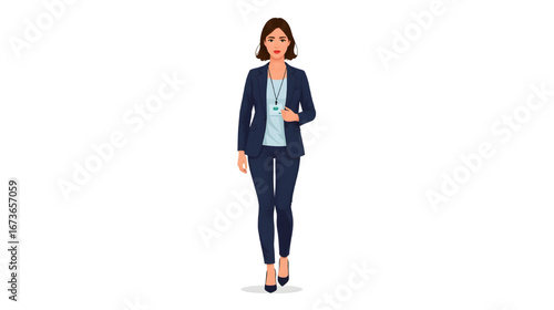 Illustration of a professional businesswoman in formal office attire holding documents and a pen, representing confidence and professionalism.
