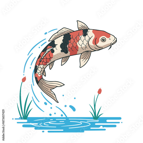 Vibrant Japanese koi carp illustration leaping from a tranquil pond, a powerful symbol of good fortune and perseverance