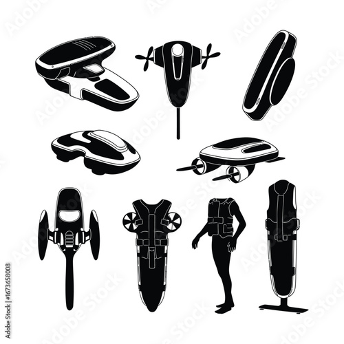 Conceptual physiotherapy robot units and aquatic safety devices, all depicted as distinct silhouette illustrations, envisioning advanced future technology
