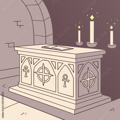 Vector art of ancient stone altar with candles in gothic archway setting