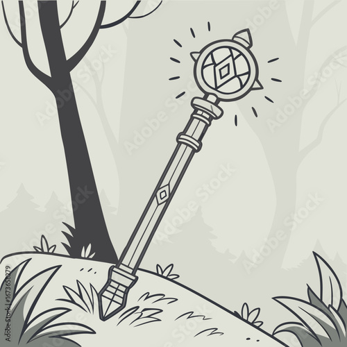 Vector art of enchanted glowing staff in mystical forest landscape