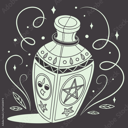 Vector art of mystical potion bottle with pentagram and swirling decorative elements