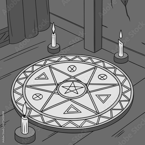 Vector art of mystical pentagram with candles in dark ritual setting