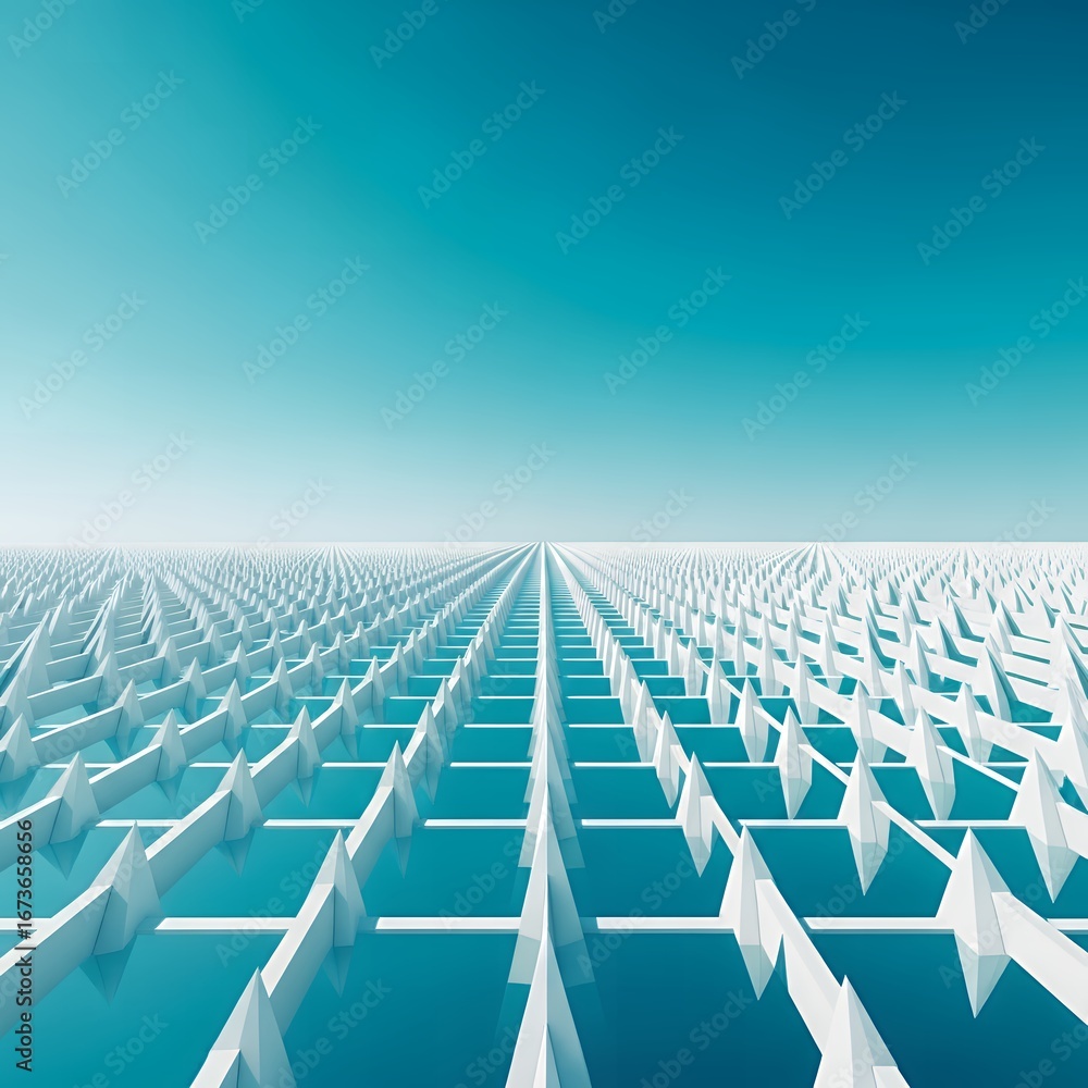 Fototapeta premium Abstract 3D Render of White Geometric Grid Structures Under Teal Sky, Modern Architecture Pattern Background
