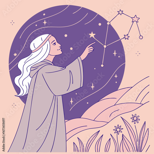 Vector art of woman stargazing under night sky with constellations