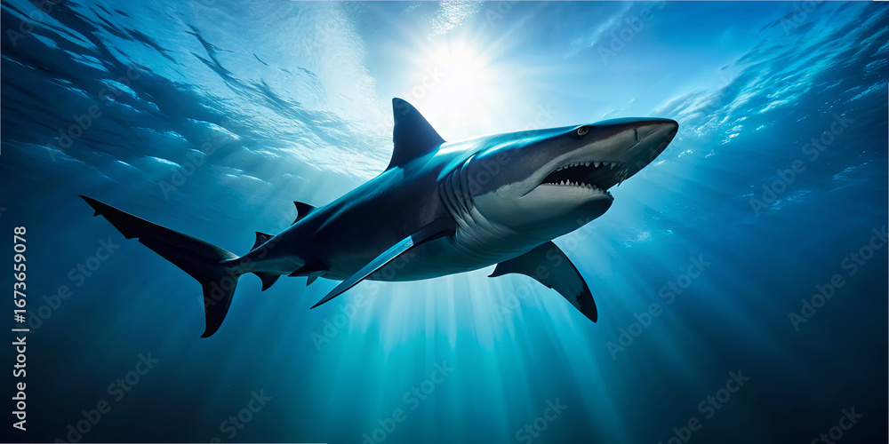 Fototapeta premium A large shark swims gracefully in clear ocean waters, illuminated by sunbeams penetrating the surface. The tranquil scene captures the beauty of marine life