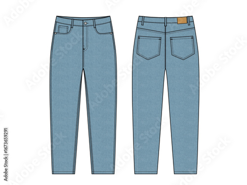 Womens Jeans, Denim pant, Front and Back View Vector Fashion Illustration , CAD, Technical Drawing, Flat Drawing, Mockup, Template.