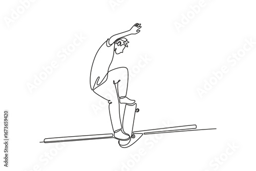Continuous one line drawing back view man performing rail grind on a metal rail. Technical skill, balance, and energetic culture of skateboarding. Single line draw design vector graphic illustration