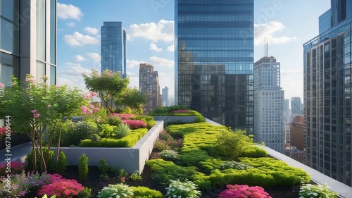 Rooftop Garden with Lush Greenery and Vibrant Flowers Above a City Skyline on a Sunny Day