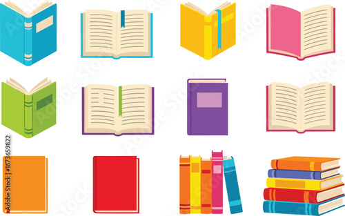 Colorful Cartoon Book Vector Set Featuring Open and Closed Books in Various Styles and Orientations on White Background for Education