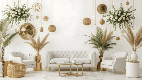 Elegant modern living room interior with white sofa, golden accents, decorative plants, and floral arrangements creating a luxurious and stylish atmosphere.