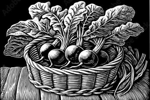 basket filled with radishes surrounded by leafy greens, rustic organic fresh still life, artistic black and white sketch