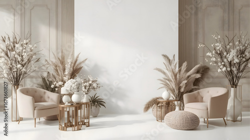 Elegant modern living room interior with white sofa, golden accents, decorative plants, and floral arrangements creating a luxurious and stylish atmosphere.