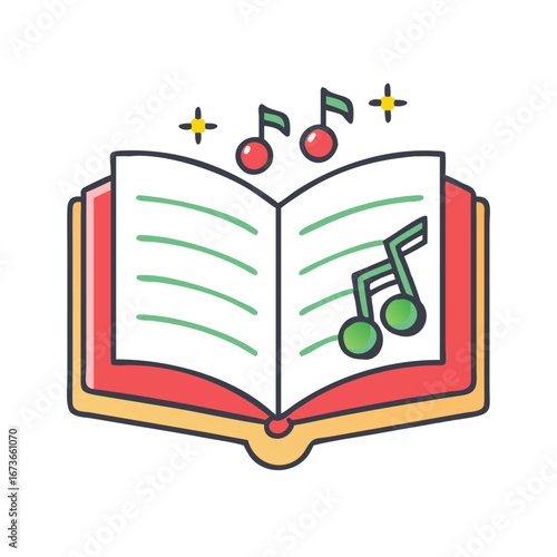 Open book with musical notes vector illustration for music education and learning concept design