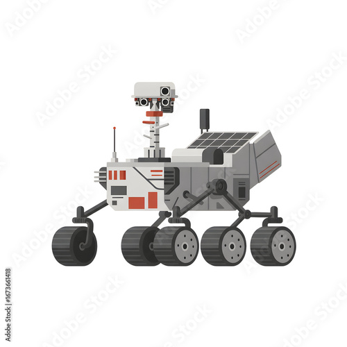 Illustration of a rover designed for planetary exploration, equipped for terrain analysis and scientific data collection in space environments