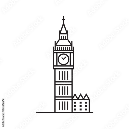 Big Ben Clock Tower London Landmark Line Art Illustration for Coloring Page
