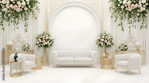 Elegant modern living room interior with white sofa, golden accents, decorative plants, and floral arrangements creating a luxurious and stylish atmosphere.